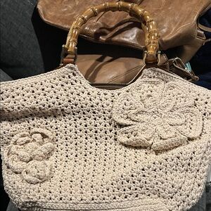 Patricia Nash Cream Crochet Tote with Bamboo Handles
